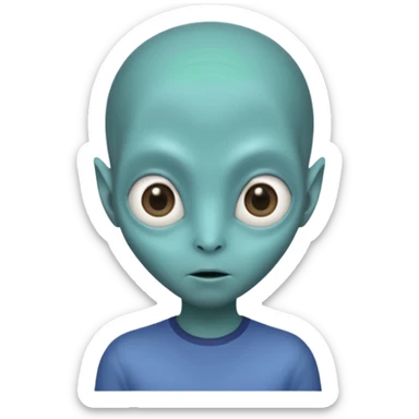 Portrait of an alien with smooth greenish-blue skin, large black oval eyes, small nose, and no visible ears, elongated head, front-facing, wearing brown t-shirt, soft glow, simple futuristic design sticker