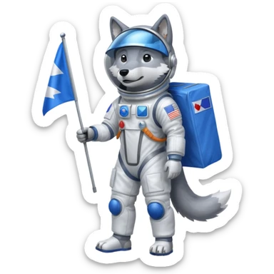 a wolf in space suit, holding blue rectangle flag, full body sticker