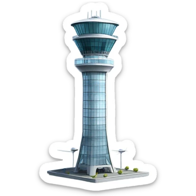An air traffic control tower stands tall, its sleek, high-tech design featuring glass panels that reflect. sticker