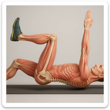 Anatomically hyperrealistic 4K side view of a man in dead bug position with the arm on the ground fully extended above the head, straight, showing pelvis and spine bones, translucent muscles and skin, medical atmosphere, realistic anatomical details. Variant 5, slightly change the position of the torso. sticker
