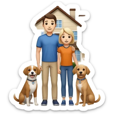 1 Father 1 Mother and 1 young BOY who is half as tall as the parents, standing in front of their house with a dog next to them. Everyone should look VERY happy. There MUST be a house behind them with trees and plants sticker
