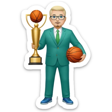 Full Body white fat male  wearing glasses with a goatee with light blonde gray very short hair basketball head Coach in blue and green suit holding trophy sticker