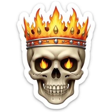 A detailed skull crowned by realistic flames, gothic metal aesthetic, high contrast, soft neutral background, subtle shadow, emoji-style icon, clean edges, digital illustration. sticker