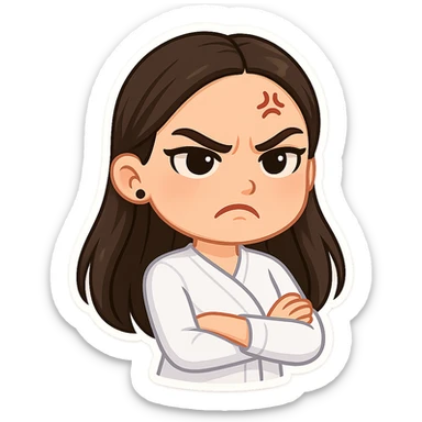 Create a chibi sticker of the girl from the reference image with an angry expression. Use 3D bitmoji style with a white outline and transparent background. sticker