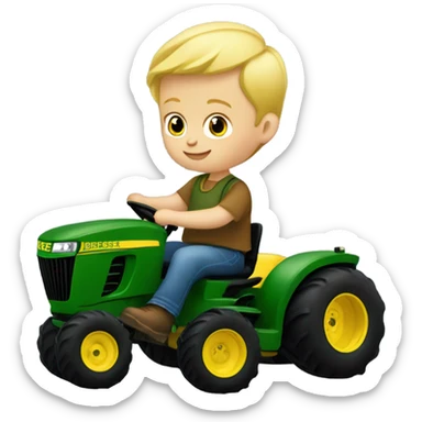 3 year old Blonde headed little boy riding a John Deere tractor sticker