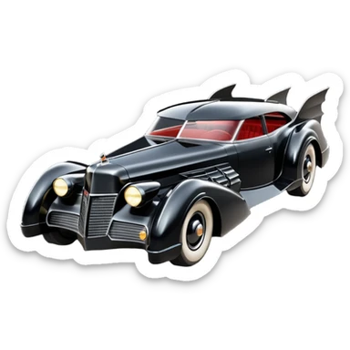  the animated series aerodynamic opulent dark futuristic concept Batmobile loosely based on 1936 V16 Cadillac wagon (flat long straight faceted mechanical body) winged stealthy street hot rod  sticker