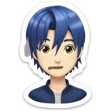 A boy with navy blue hair biting his lip, anime  sticker