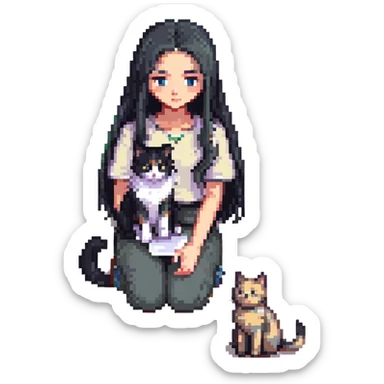 beautiful girl with long black hair sitting on floor petting a gray and blonde mixed cat, pixel art style sticker