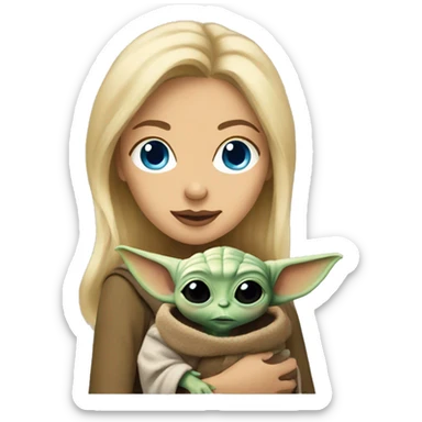 blonde woman with blue eyes holding baby yoda sticker