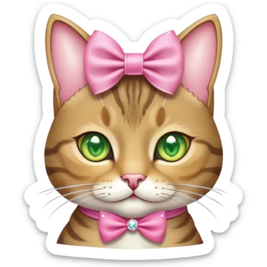 A cute Tabby cat with yellow/Green eyes with a crystal pink bow on her head sticker