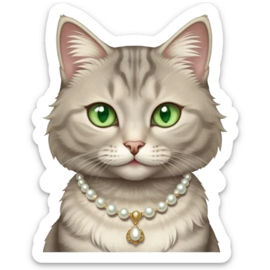 fluffy light grey tabby cat with green eyes, white tummy, and a pearl necklace  sticker