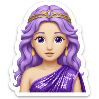 Aphrodite from Roman Deities with long lavender wavy hair, lavender sequin toga sticker
