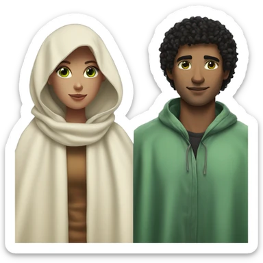 A women with pale skin and dark curly hair and a man with light dark skin, green eyes and black short hair cover in a blanket sticker