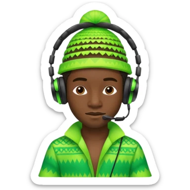 Create me an emoji of a cool Young Nigerian prince wearing a neon green gradient African patterns with  a hula hat (a Nigerian-inspired hat) and wearing cool headphones. sticker