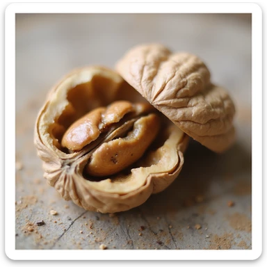 a walnut cracked open, showing the inside, clean background sticker