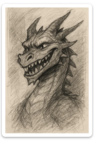a dragon grinning, pencil sketch style sticker