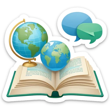 Create an emoji representing language translation. The design should feature an open book or a document with text in multiple languages (e.g., English, Spanish, Chinese), and a translation icon (such as an arrow between two languages) to symbolize the process of converting text. Include elements like a globe or a speech bubble to represent global communication. Use clear, simple lines and a color palette with blues, greens, and subtle neutral tones to convey the idea of clarity and understanding. Make the background transparent. sticker
