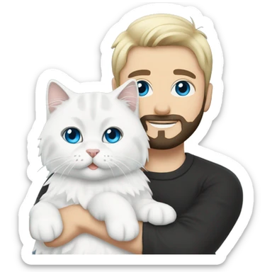 A guy with a black earing and black short hair and black beard and holding a all white Siberian cat with blue eyes  sticker