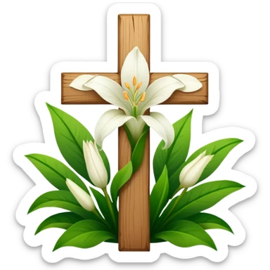 A wooden cross with white lilies around the bottom. sticker