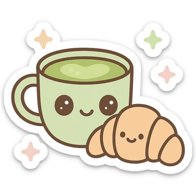 Make the matcha latte with croissant more detailed, add cute details and soft shading, keep the kawaii style. sticker