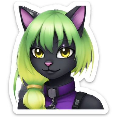 Gorgeous furry gothic dark techwear anime style anthro black cat furry sona Fakemon with blushing face yellow-green eyes with ponytail, aesthetic and pretty edgy black with violet collar and harness trending style sticker