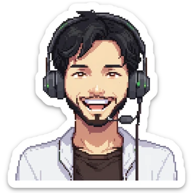 anime style laughing man with black hair, brown eyes, black beard wearing gaming headset sticker
