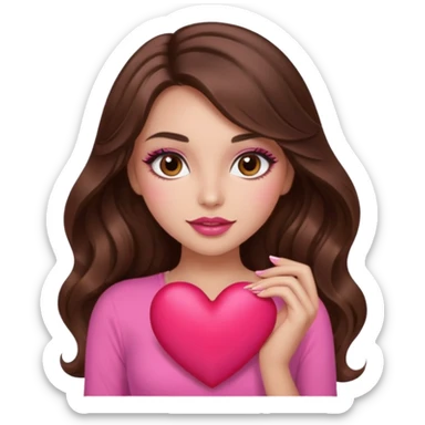 girl with long wavy brown hair, brown eyes, long lashes makeup, sexy pink lips, light to medium complexion, wearing a pink sexy top, holding a big heart sticker