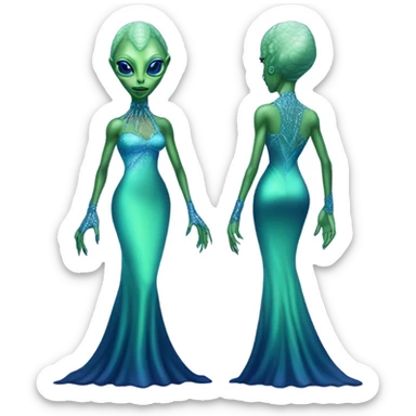 reptilian green alien woman, in long slim pastel blue formal party satin dress with gradient shiny sparkling navy blue diamonds embroidered, full body full figure sticker