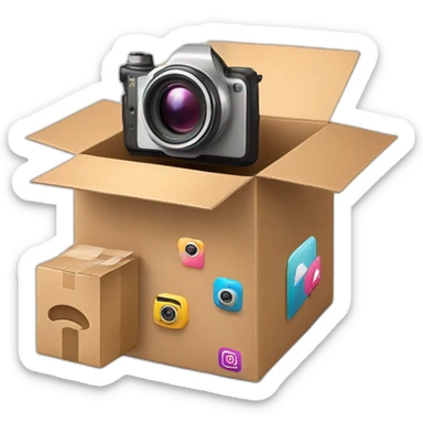 Video Camera, Instagram YouTube icons fly out from the Cardboard box sticker