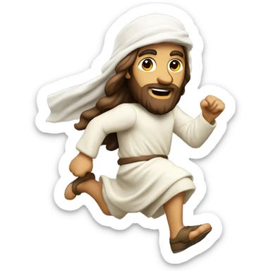 Jesus sprinting, with a large stride and winter hat sticker