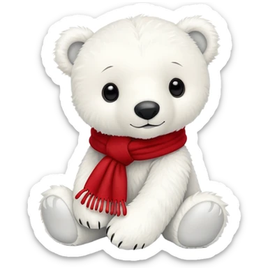 White Jellycat polar bear cub stuffed plush wearing a red scarf sticker
