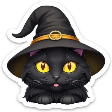 Black cat with yellow eyes and witchy hat sticker