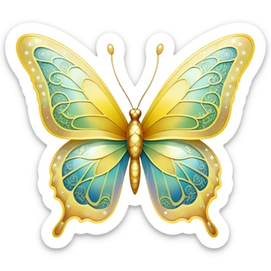 Pastel sparkly yellow glittery iridescent rainbow transparent butterfly with detailed intricate patterns sticker