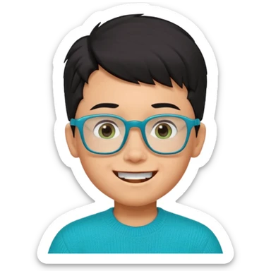 Chico de 7 años, pelo negro y repeinado pero con volumen hacia arriba, piel marrón clarito, gafas cuadradas azules, sonriente y sin 1 diente, jersey verde turquesa y ojos muy rasgados, Y NO redondeados sticker