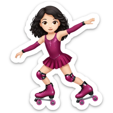 Una patinadora de 12 años y es morena de pelo y lleva un mallott granate con brillos y esta patinando con patines de ruedas en linea y su piel es clara y el pelo es largo negro ondulado e mallot tiene falda sticker