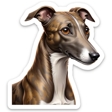 Cinematic Noble Brindle Greyhound Portrait Emoji, Poised and regal, with a slender, aerodynamic build and a refined brindle Fur, deep-set soulful eyes, Simplified yet sharp and sophisticated features, highly detailed, glowing with a soft, dignified glow, high shine, intelligent and agile, stylized with an air of elegance, focused and attentive, soft glowing outline, capturing the essence of a watchful and graceful racer, so majestic it feels as though it could dash out of the screen with effortless authority! sticker