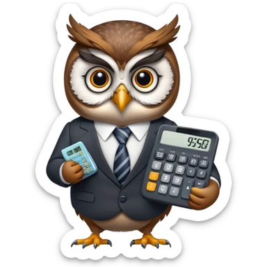 Twilio owl wearing finance outfit with business suit and tie, holding calculator sticker