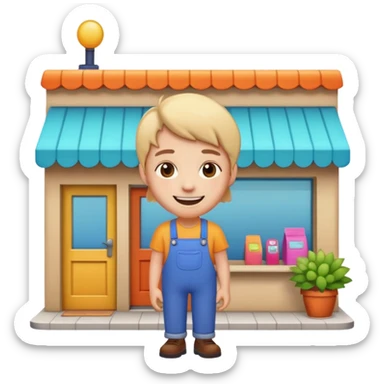  2D line-drawn character + small bright shop sticker