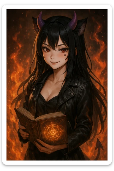 realistic anime style devil catgirl with purple horns, long black hair, leather jacket, enchanted book, fire effects, heart tattoo under eye, sly smile sticker