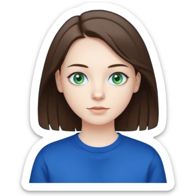 blue/green eyes , pale skin , brunette hair , white t-shirt with a dark blue sweatshirt over too sticker
