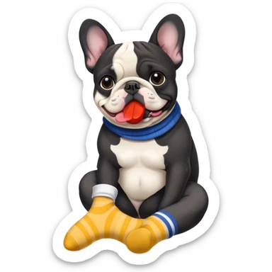Black and white French bouledogue eating a sock sticker