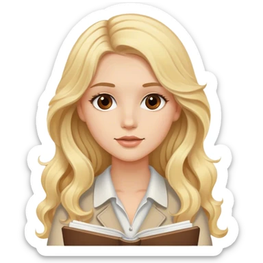 Blonde model with brown eyes, long wavy hair, writing in a notebook sticker