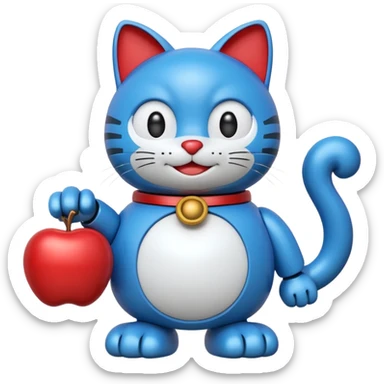 Doraemon character, blue robotic cat with a red nose and bell, apple emoji style sticker