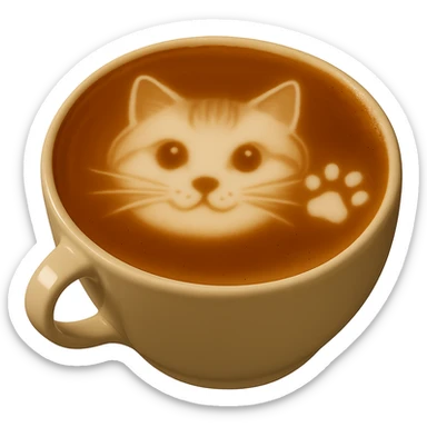 Add a small paw print latte art next to the cat face on the latte. Keep realistic texture and gentle lighting. No background. Maintain the realistic latte art style as in the reference image. sticker