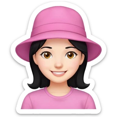 girl with black hair, wear hat, smile, pink shirt sticker