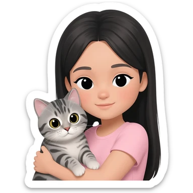 girl with long, straight black hair, beige skin, black eyes, and a pastel pink top, cuddling a grey tabby cat sticker