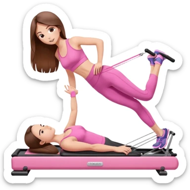 long brown hair girl doing a plank on a pilates reformer in a pink workout set sticker