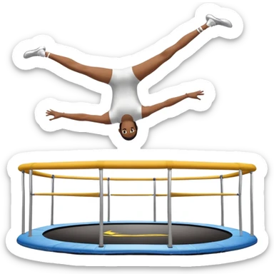 An athletic person soaring high above a trampoline, executing an acrobatic flip with perfect form. The scene captures motion and energy, with a dynamic pose, stretched limbs, and a focused expression. The background suggests a professional trampoline arena with safety padding. sticker