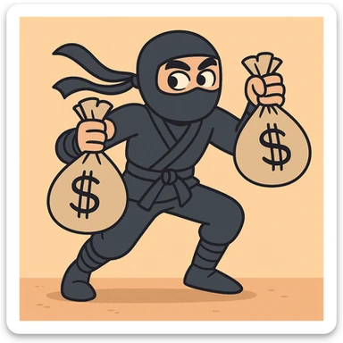 a ninja holding money bags, dynamic pose, simple background sticker
