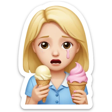 a crying girl with an ice cream  box sticker